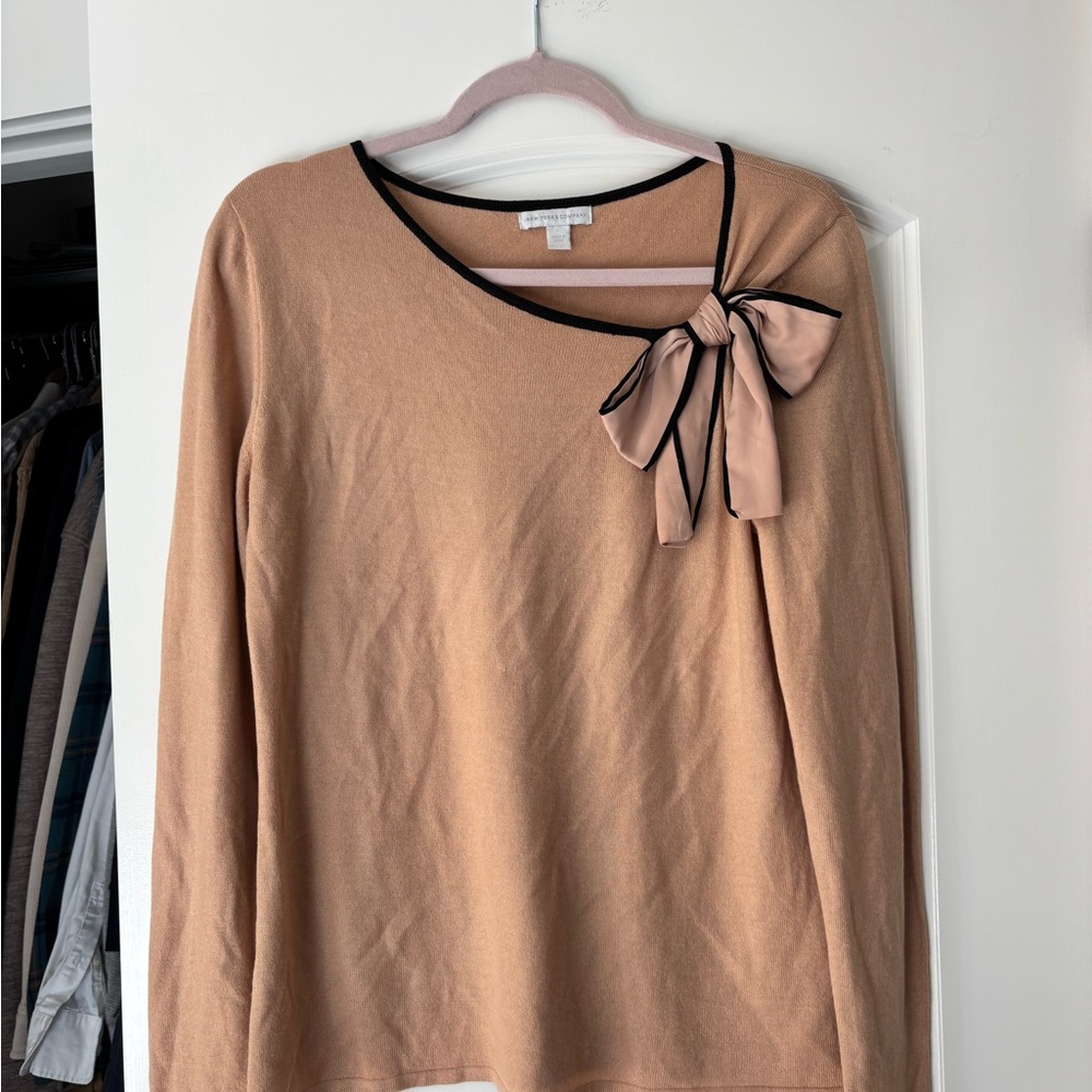 New York & Company Camel Long Sleeve Top with Bow Accent